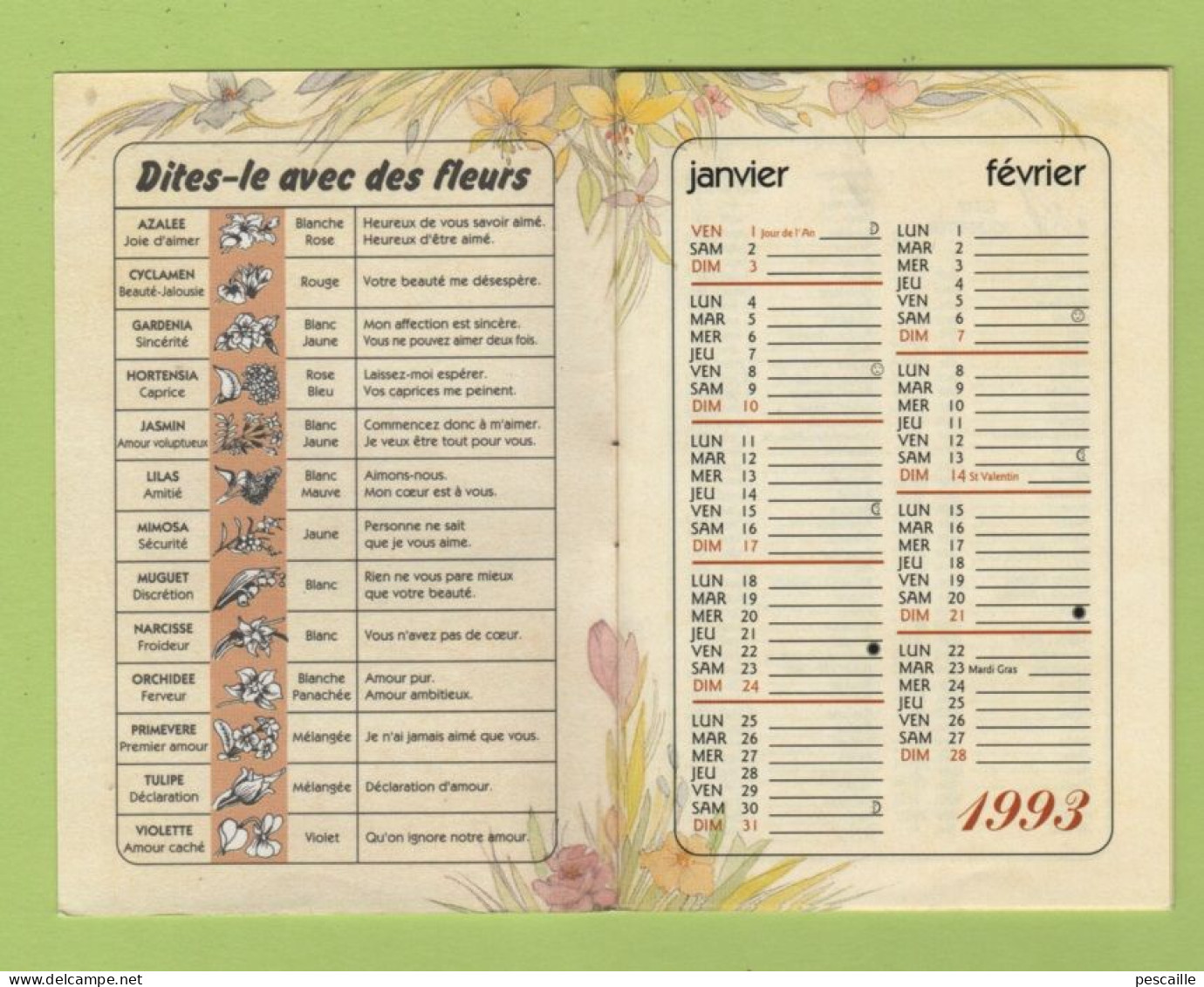 PETIT CALENDRIER PUBLICITAIRE 1993 MAISON POISSON TOUTES COMPOSITIONS FLORALES 96 RUE JUDAIQUE BORDEAUX - FETES /LANGAGE - Petit Format : 1991-00