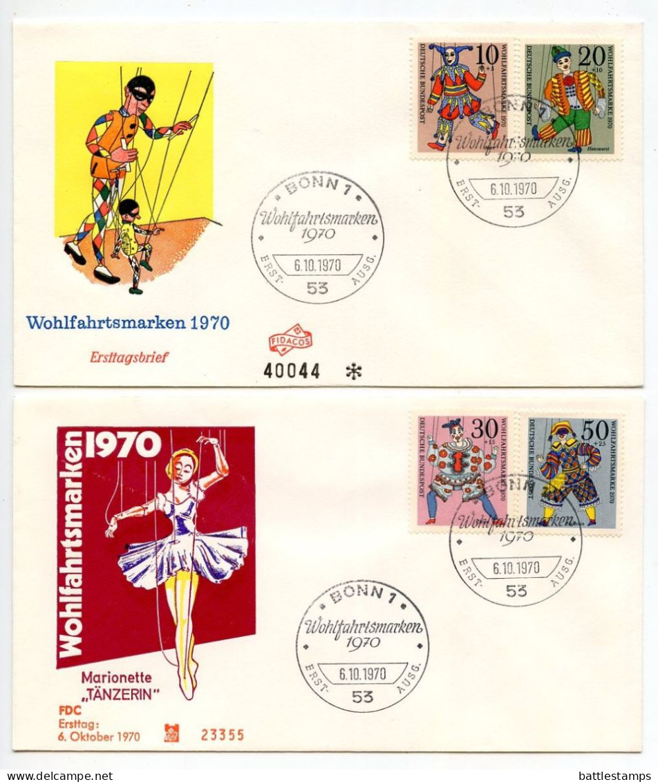Germany, West 1970 2 FDCs Scott B463-B466 Puppets - Jester, Hanswurst, Clown, Harlequin - 1961-1970