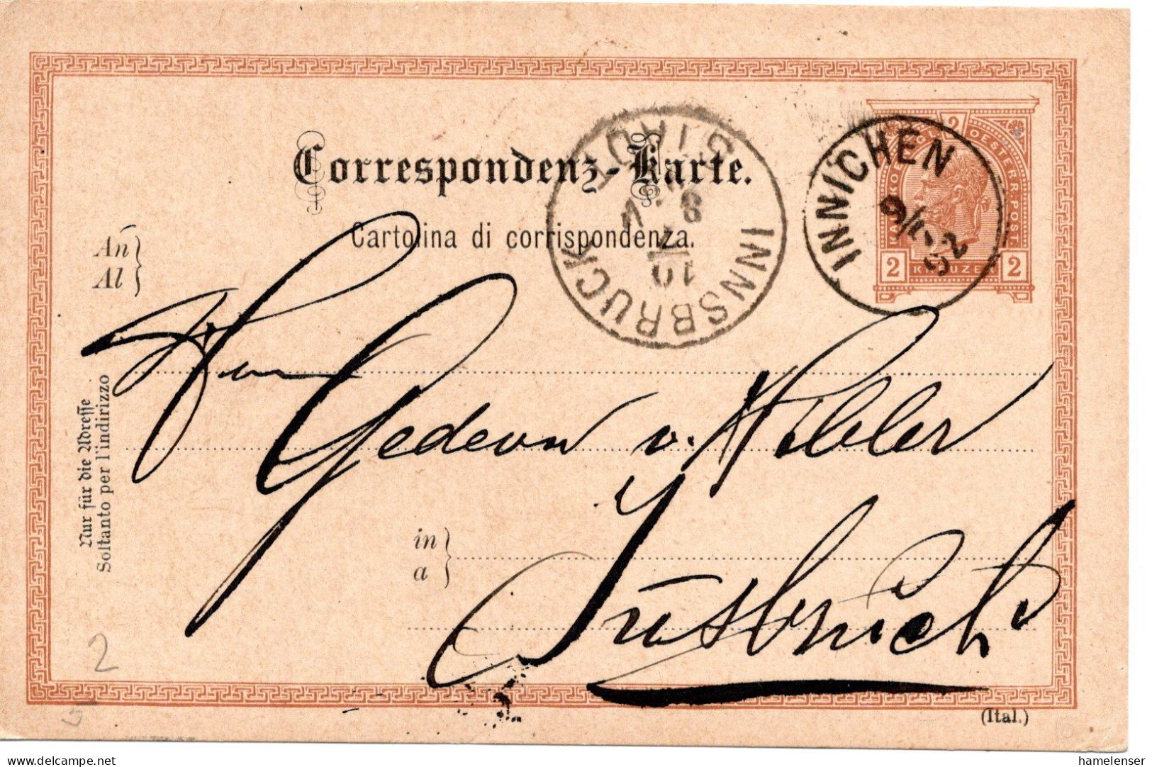 76648 - Österreich - 1892 - 2Kr GAKte INNICHEN -> INNSBRUCK - Briefe U. Dokumente