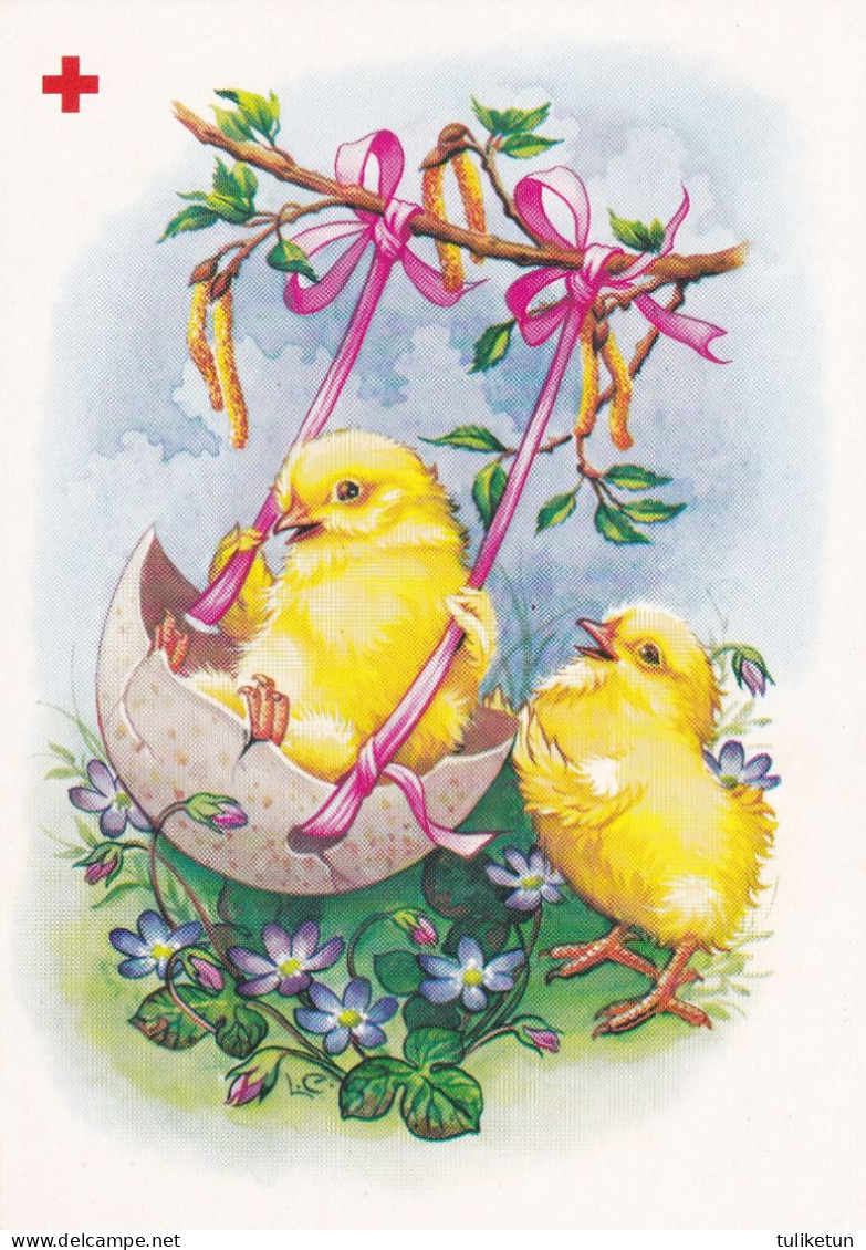 Postal Stationery - Chicks Swinging - Happy Easter - Red Cross - Suomi Finland - Postage Paid - Lars Carlsson - Postal Stationery