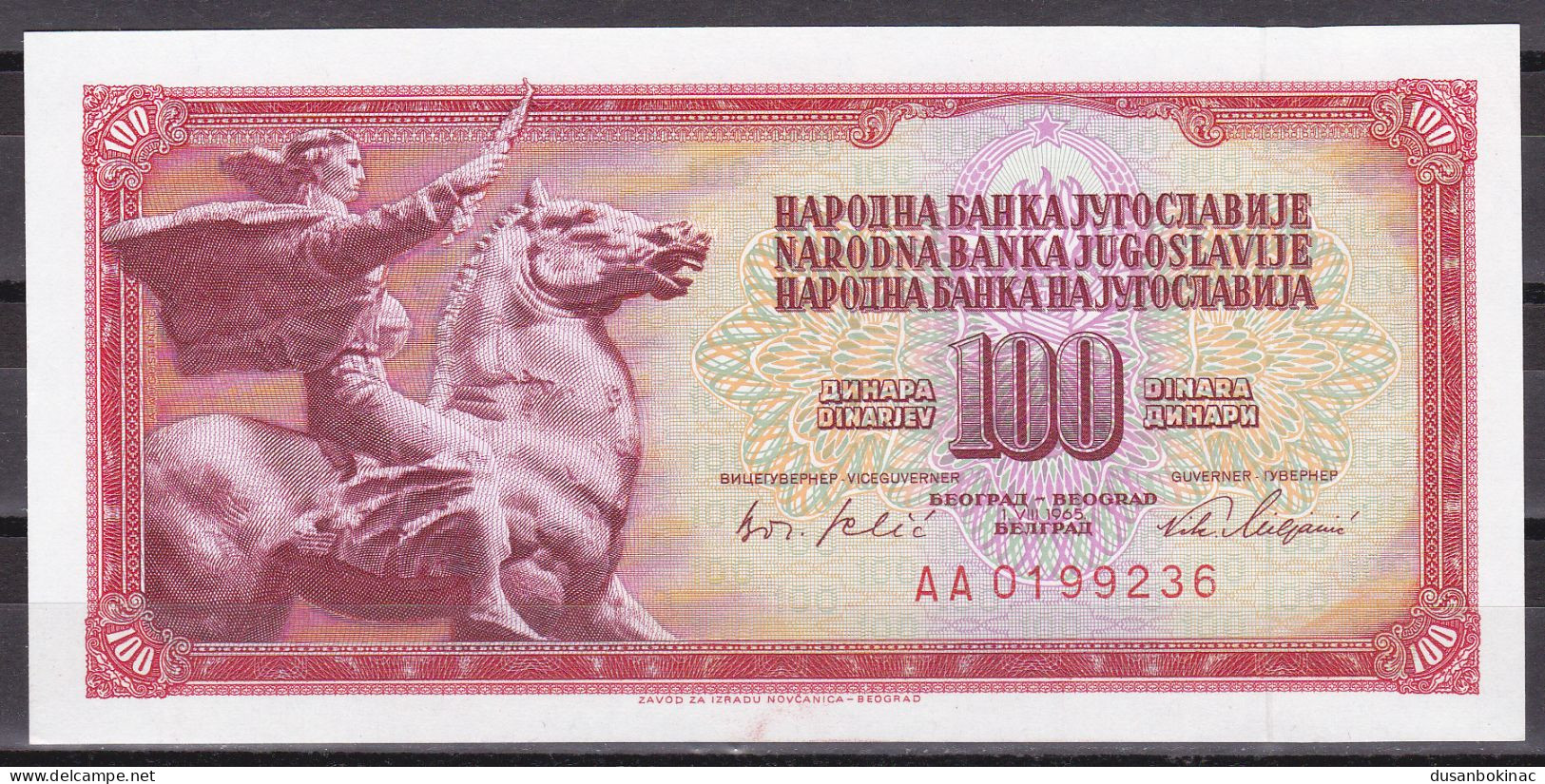 Yugoslavia-100 Dinara 1965 AA Serie UNC - Jugoslavia