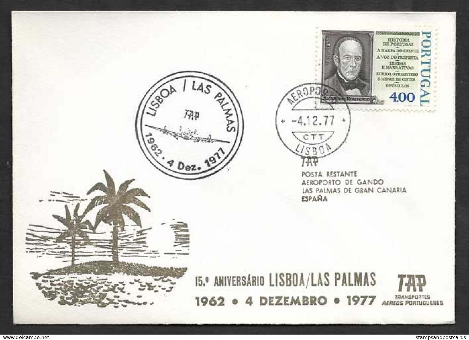 Portugal Espagne 15 Ans Premier Vol TAP Lisbonne Lisboa Las Palmas Canarias España 1977 First Flight Lisbon Canary Spain - Storia Postale