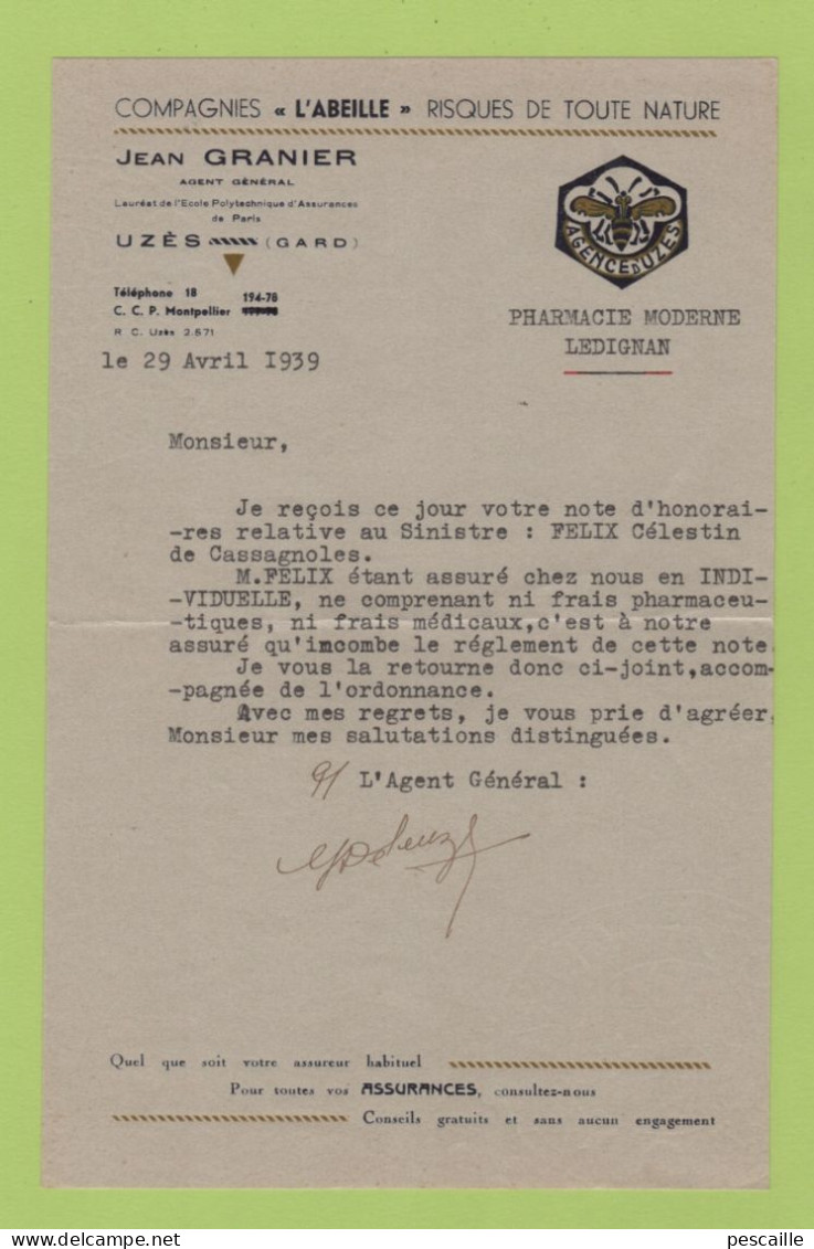 ASSURANCES - LETTRE DATEE DE 1939 COMPAGNIES L'ABEILLE RISQUES DE TOUTE NATURE / JEAN GRANIER UZES - Banco & Caja De Ahorros