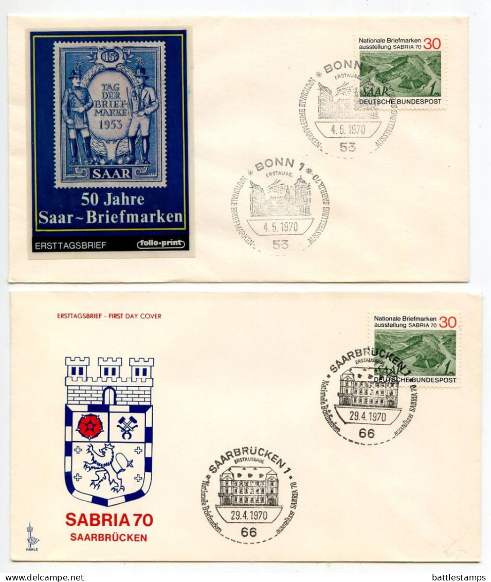 Germany, West 1970 2 FDCs Scott 1017 SABRIA National Stamp Exhibition In Saarbrücken; Bonn & Saarbrücken Postmarks - 1961-1970