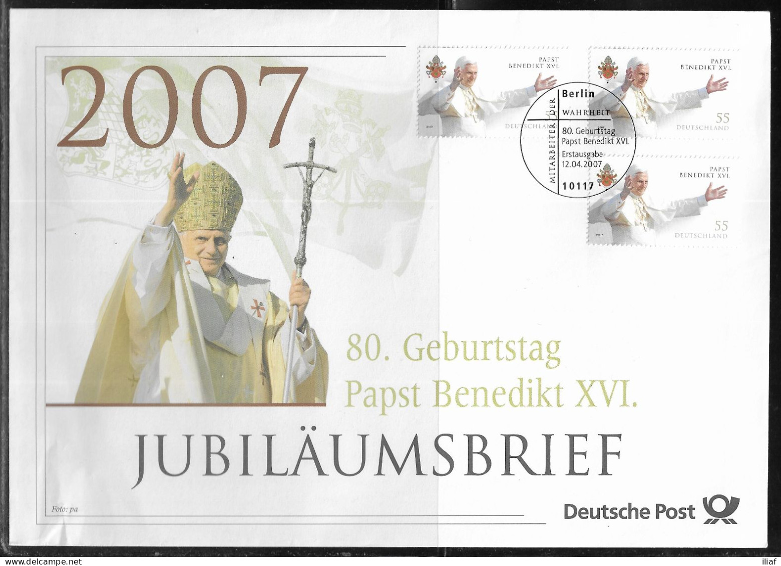 Germany. FDC Mi. 2599.   80th Birthday Of Pope Benedict XVI.  FDC Cancellation On Big Envelope - 2001-2010