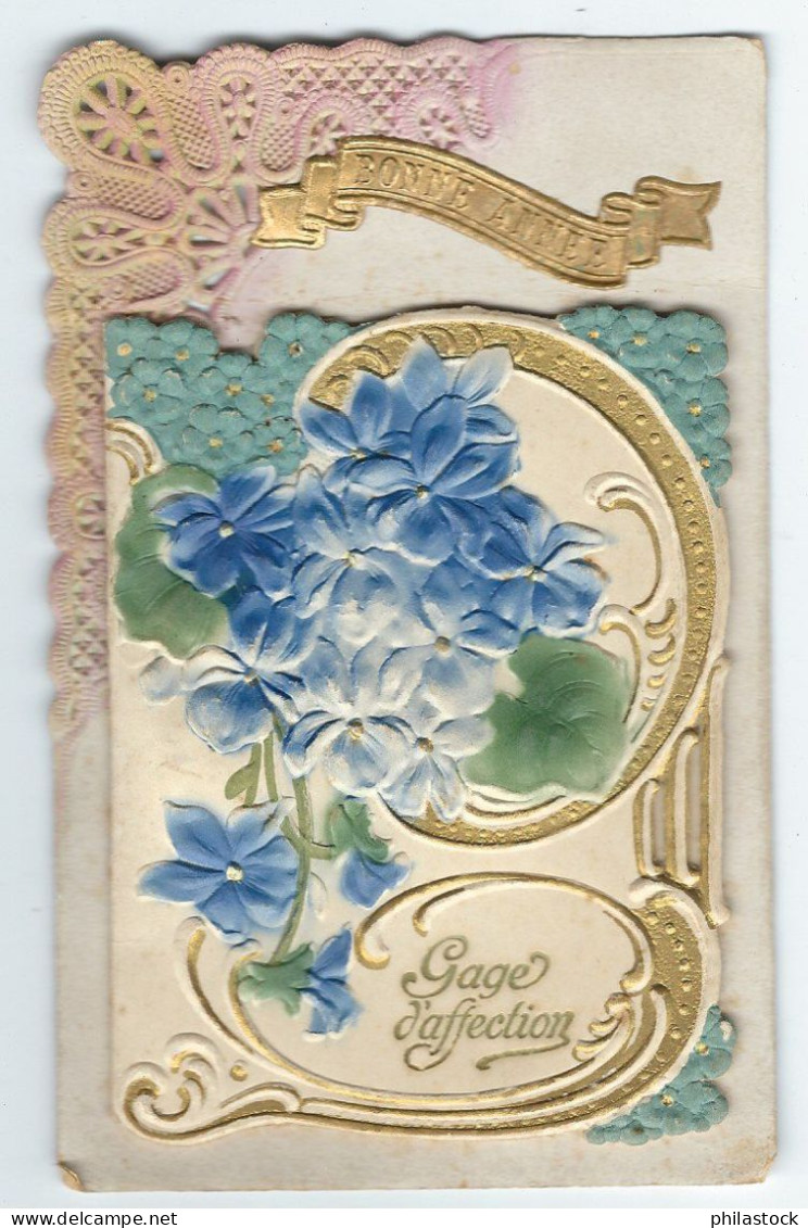 CPA Bonne Année Papier Dentelle Et Gaufrée Tout Début XX° Avec Livret Dépliant Offrant Une Rose En Relief - Flowers