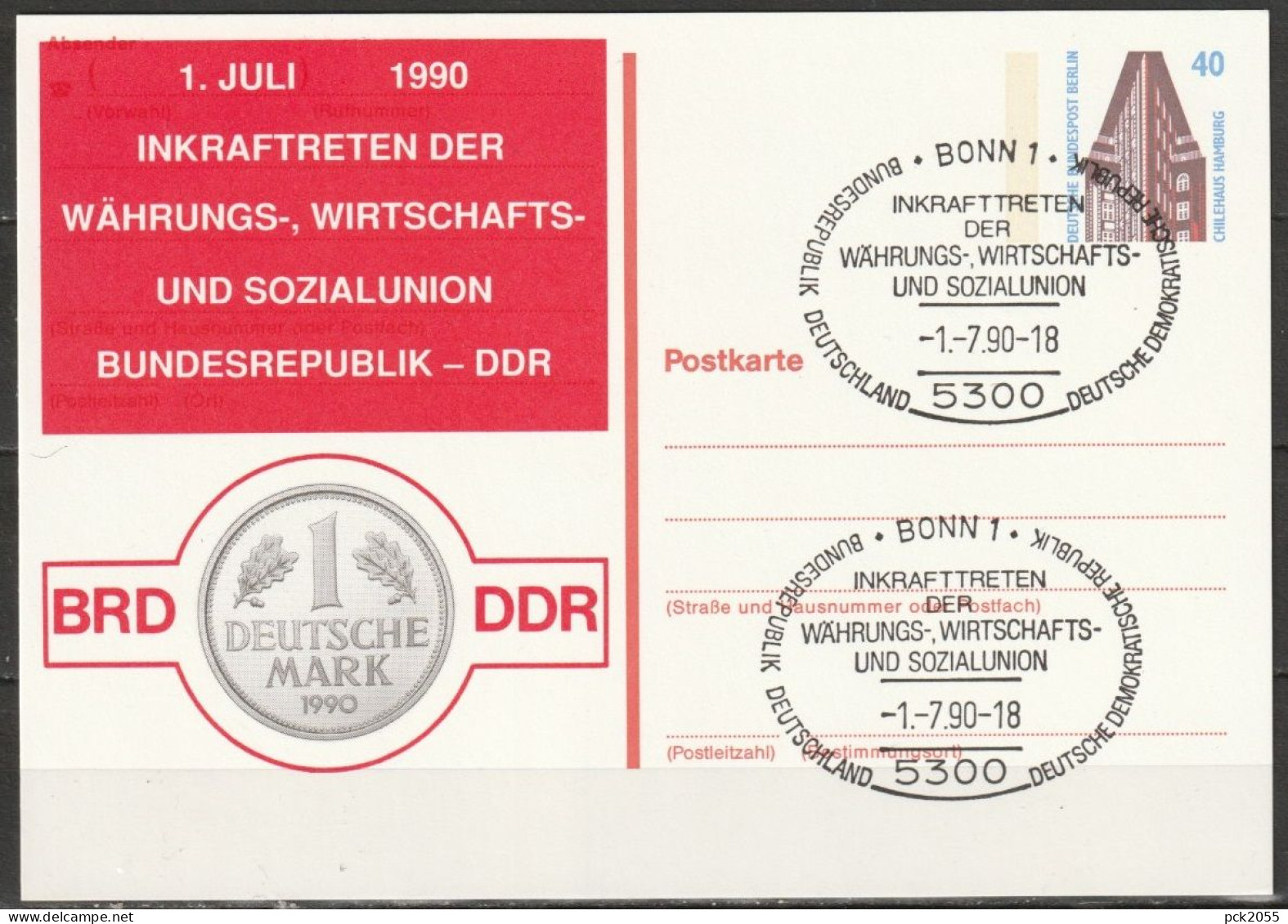 Berlin Privat-Ganzsache 1990 Mi.Nr.P129 Mit Zudruck Inkraftretten Der Währungsunion Stempel Bonn 1.7.90( PK 293 ) - Private Postcards - Used