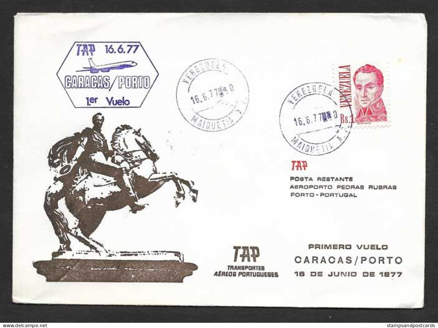 Portugal Venezuela Premier Vol TAP Porto Caracas 1977 First Flight Oporto Caracas - Lettres & Documents