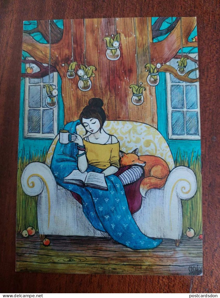 Illustrator Speshilova "Her Room" - Modern Ukrainian Postcard - Postcrossing - 2010s / Coffee - Fox - Ukraine