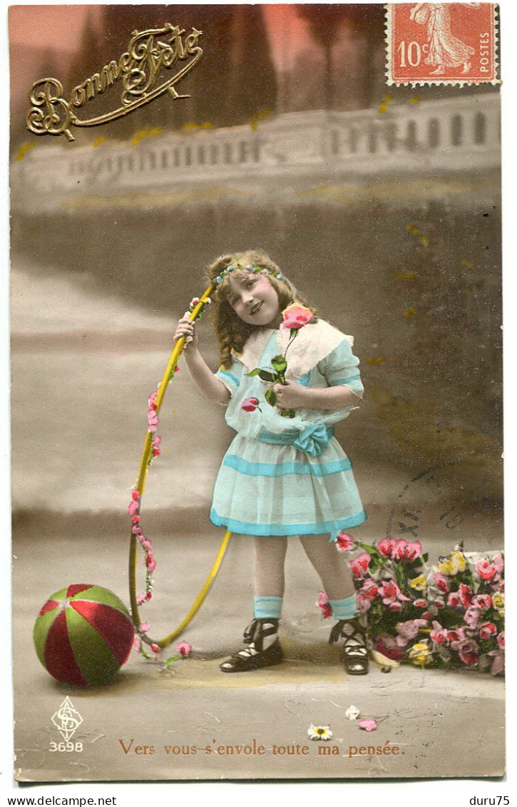 CPA Couleur Voyagé 1917 * Bonne Fête Petite Fille Fillette Jouet Grand Cerceau Ballon Vers Vous S'envole Toute Ma Pensée - Escenas & Paisajes