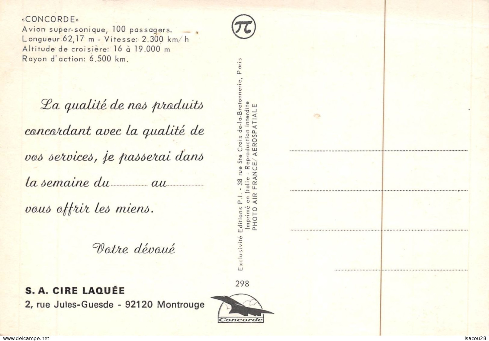 CONCORDE / CARTE PUBLICITAIRE  / VOIR SCAN / 2 PETITS TROUS D AGRAFE - 1946-....: Era Moderna