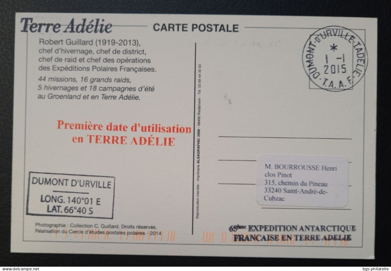 TAAF  T Numéros 722 Et 723 Oblitérés De Terre Adélie Le 1/1/2015 Sur Carte. - Covers & Documents