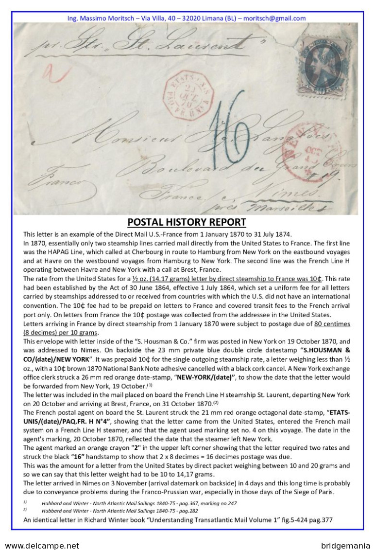 MTM109 - 1870 TRANSATLANTIC LETTER USA TO FRANCE Steamer ST.LAURENT - PAID  - 1 US AND 2 FRENCH RATE - Storia Postale