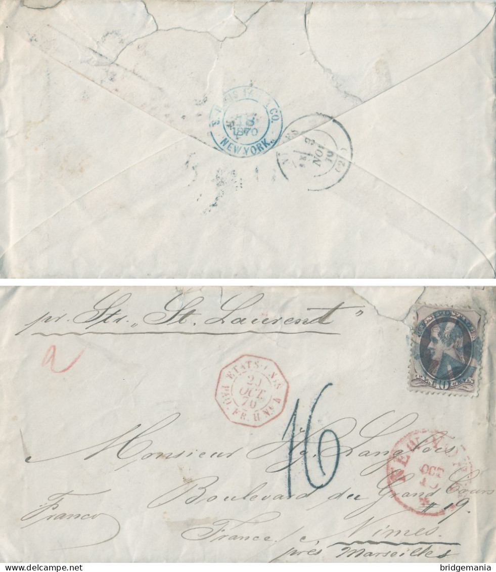 MTM109 - 1870 TRANSATLANTIC LETTER USA TO FRANCE Steamer ST.LAURENT - PAID  - 1 US AND 2 FRENCH RATE - Marcophilie