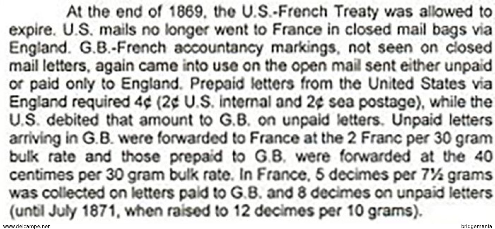 MTM109 - 1870 TRANSATLANTIC LETTER USA TO FRANCE Steamer ST.LAURENT - PAID  - 1 US AND 2 FRENCH RATE - Marcophilie
