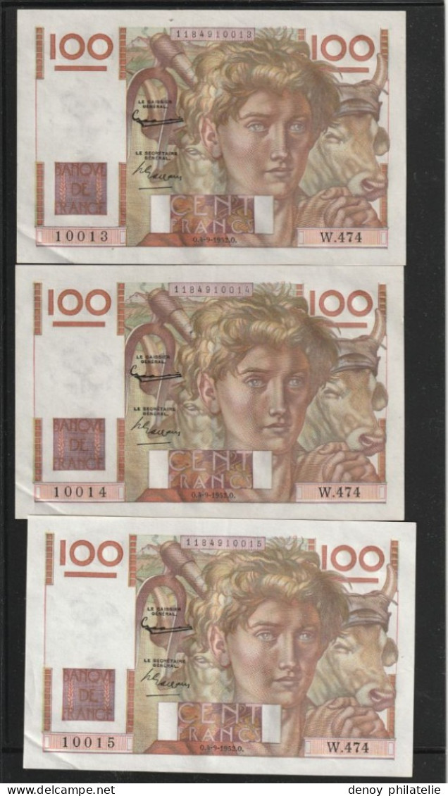 LOT  De 3 Billets Qui Se Suivent Du 1 9 1952 Qualité SPL 1pli Central Une Froissure En Angle - 100 F 1945-1954 ''Jeune Paysan''