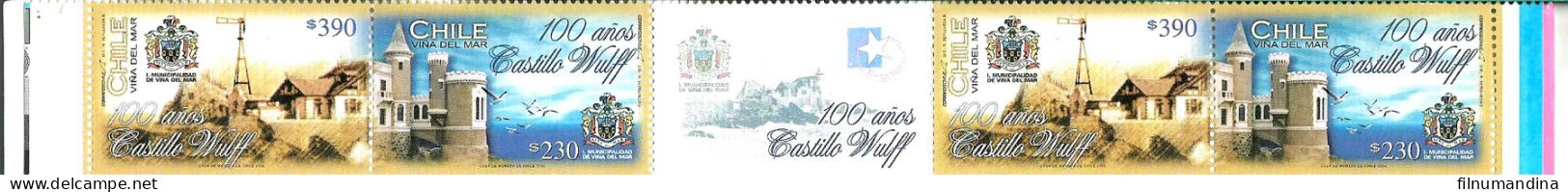 #2621 CHILE 2006 WULFF CASTLE OF VIÑA MAR YV 1704-5 STRIP 2 SETS+ LABEL GUTTER PAIR MNH - Cile