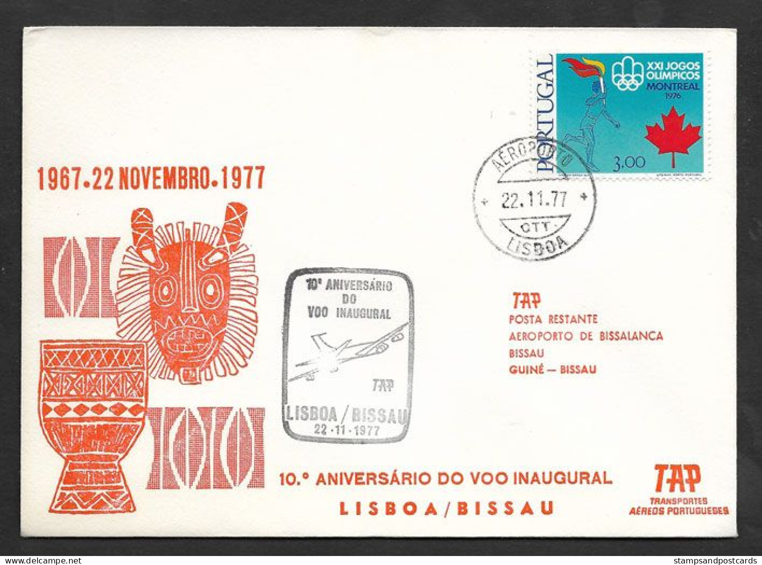 Portugal Guinée Bissau 10 Ans Premier Vol TAP Lisbonne Lisboa Bissau 1977 First Flight 10 Years Lisbon Bissau - Lettres & Documents