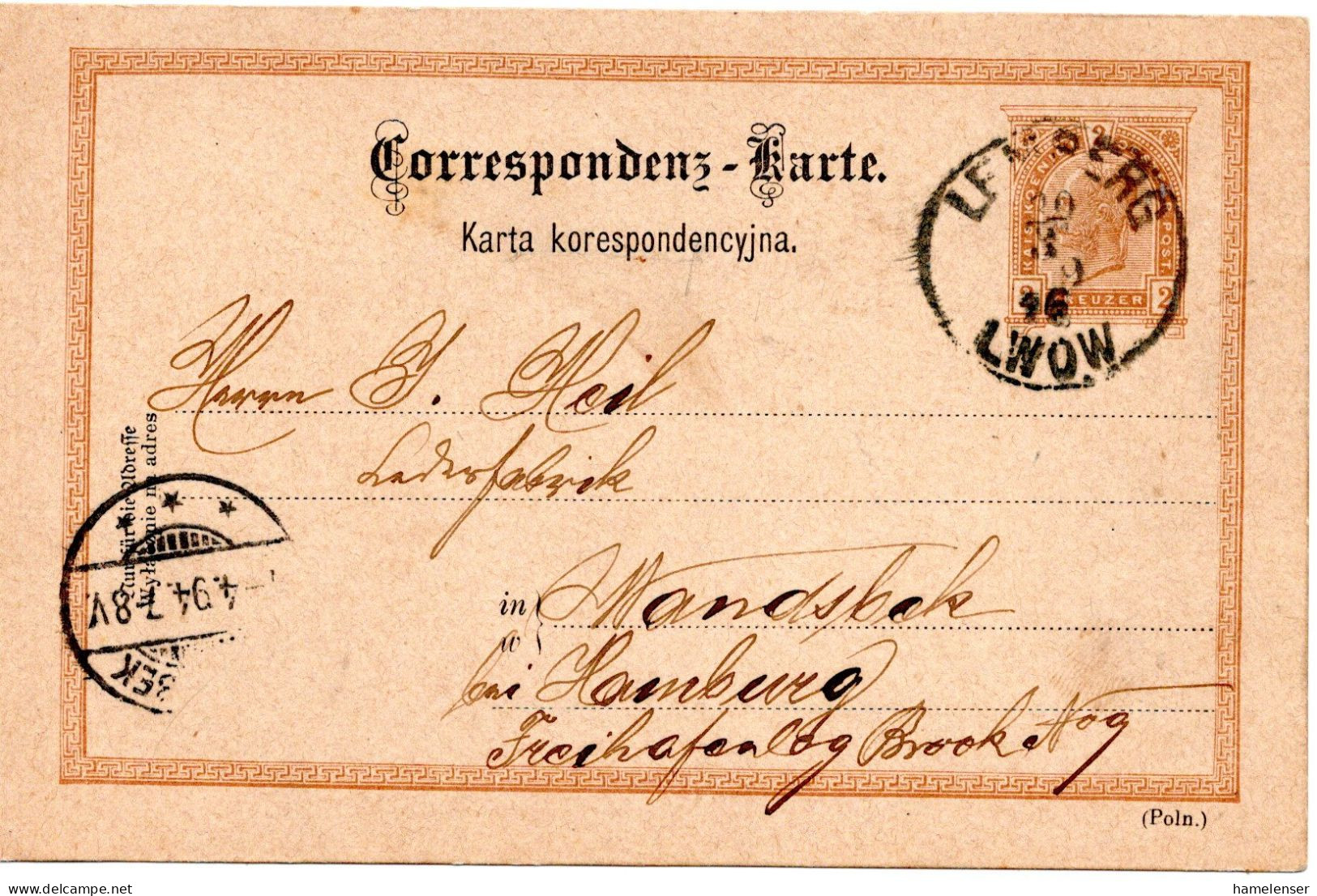 76654 - Österreich - 1894 - 2Kr GAKte LEMBERG -> WANDSBEK (Deutschland) - Brieven En Documenten