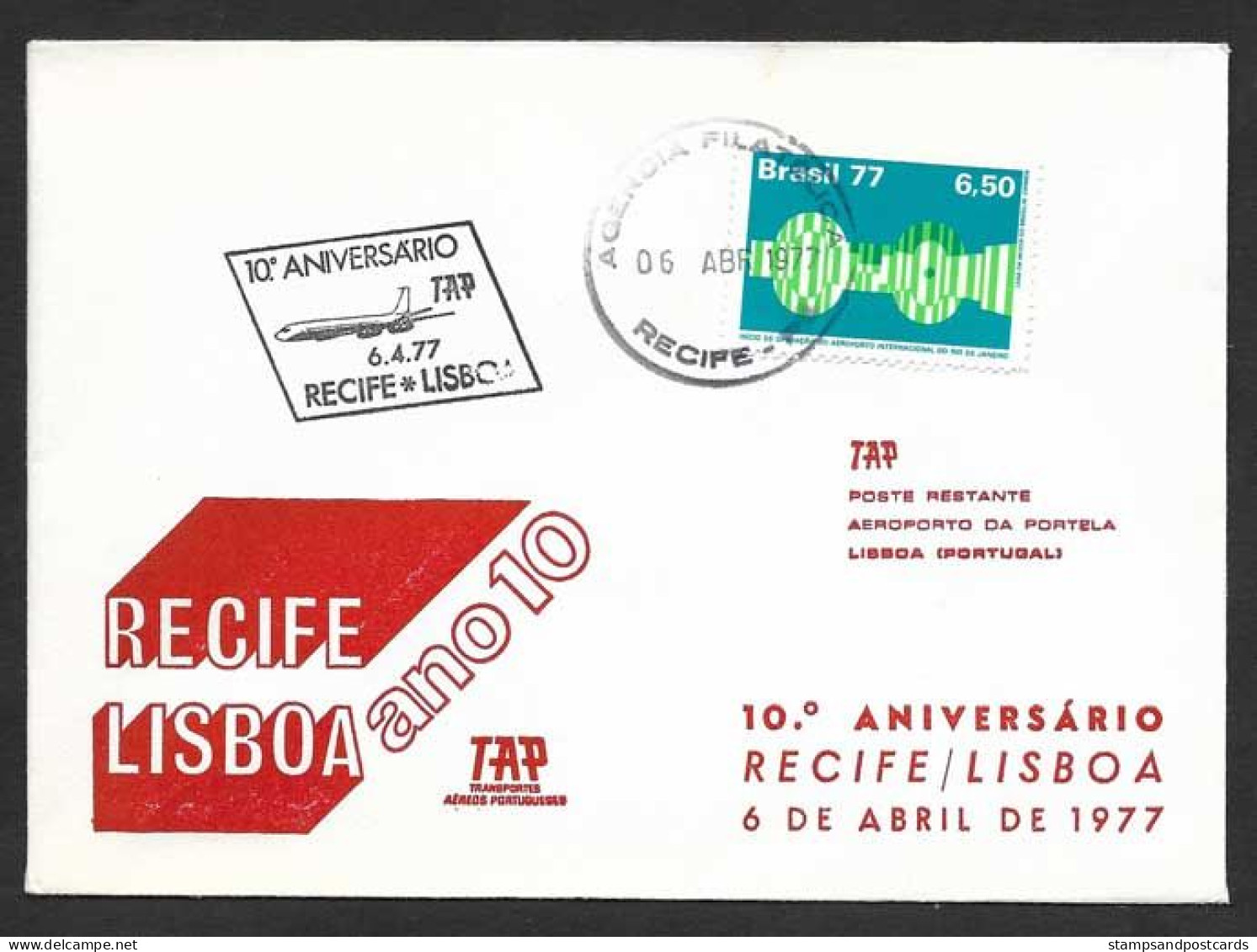 Brèsil Brasil Brazil Portugal 10 Ans Premier Vol TAP Recife Lisbonne Lisboa 1977 First Flight 10 Years Recife Lisbon - Poste Aérienne