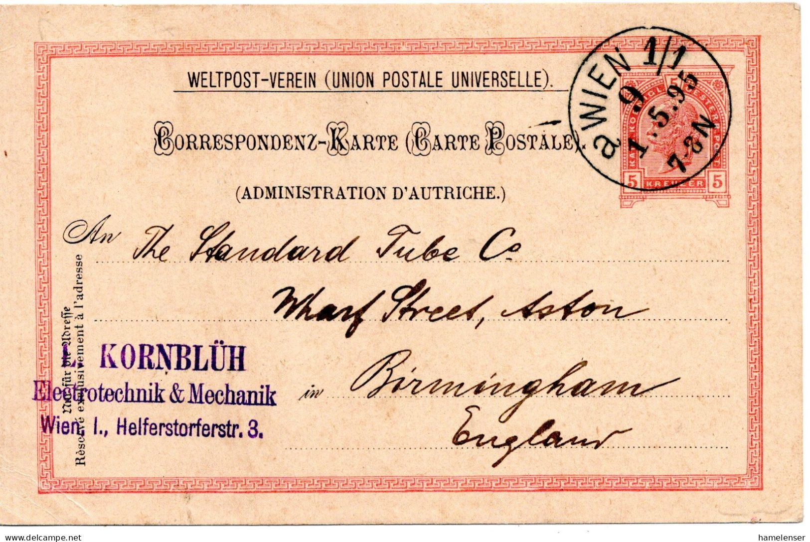 76655 - Österreich - 1895 - 5Kr GAKte WIEN -> Grossbritannien - Covers & Documents