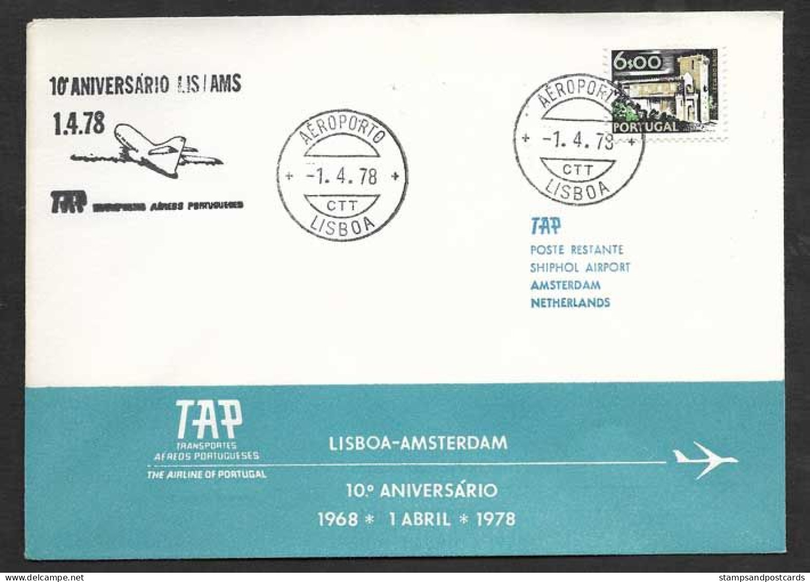 Portugal 10 Ans Premier Vol TAP Lisbonne Lisboa Amsterdam Pays-Bas 1978 First Flight Lisbon Netherlands - Brieven En Documenten