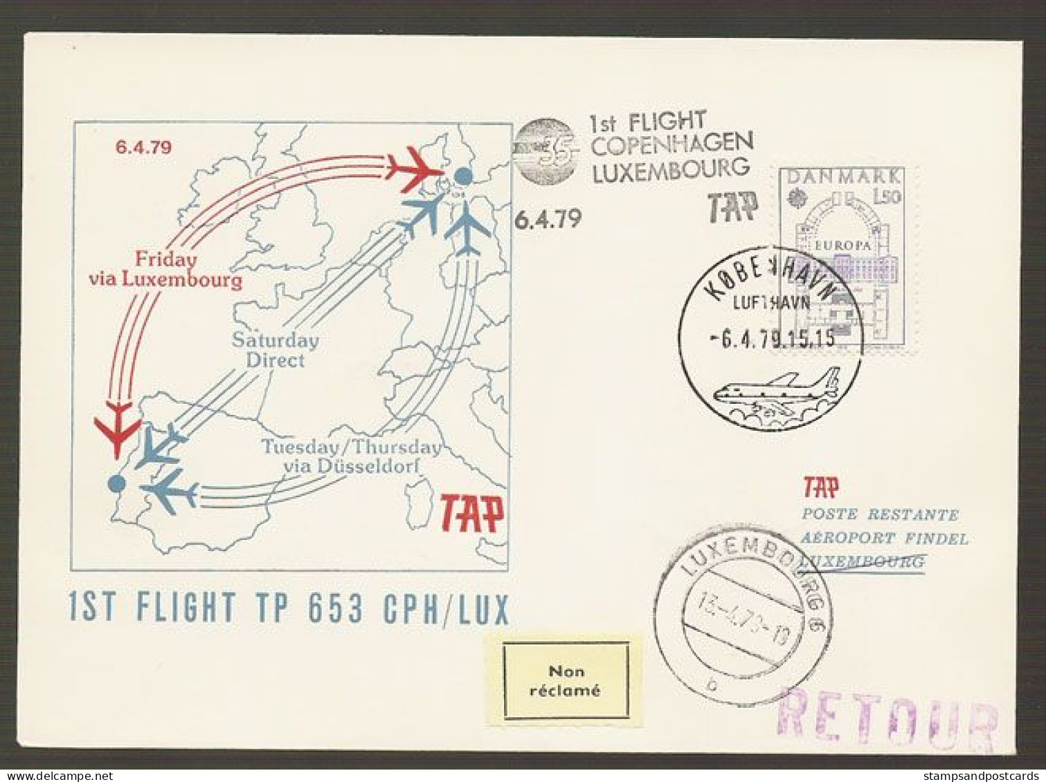 Portugal Premier Vol TAP Copenhagen Luxembourg 1979 First Flight - Cartas & Documentos