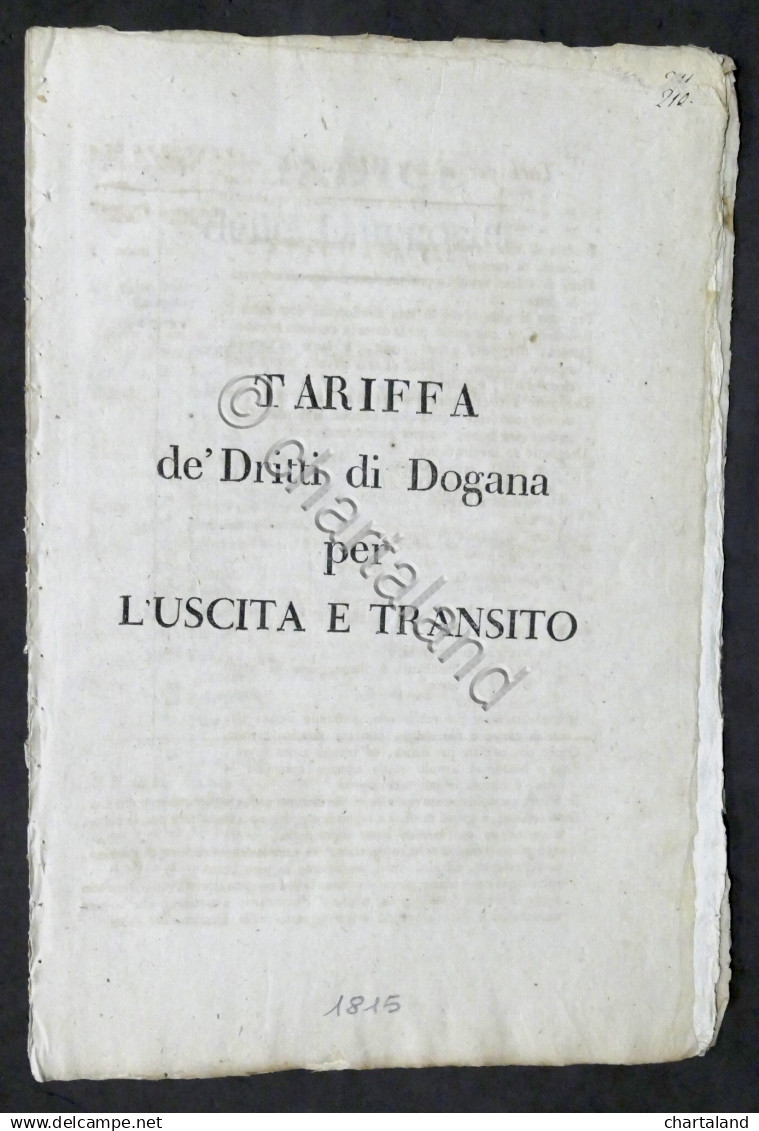 Regno Di Sardegna - Tariffa De' Dritti Di Dogana Per L'uscita E Transito - 1815 - Unclassified