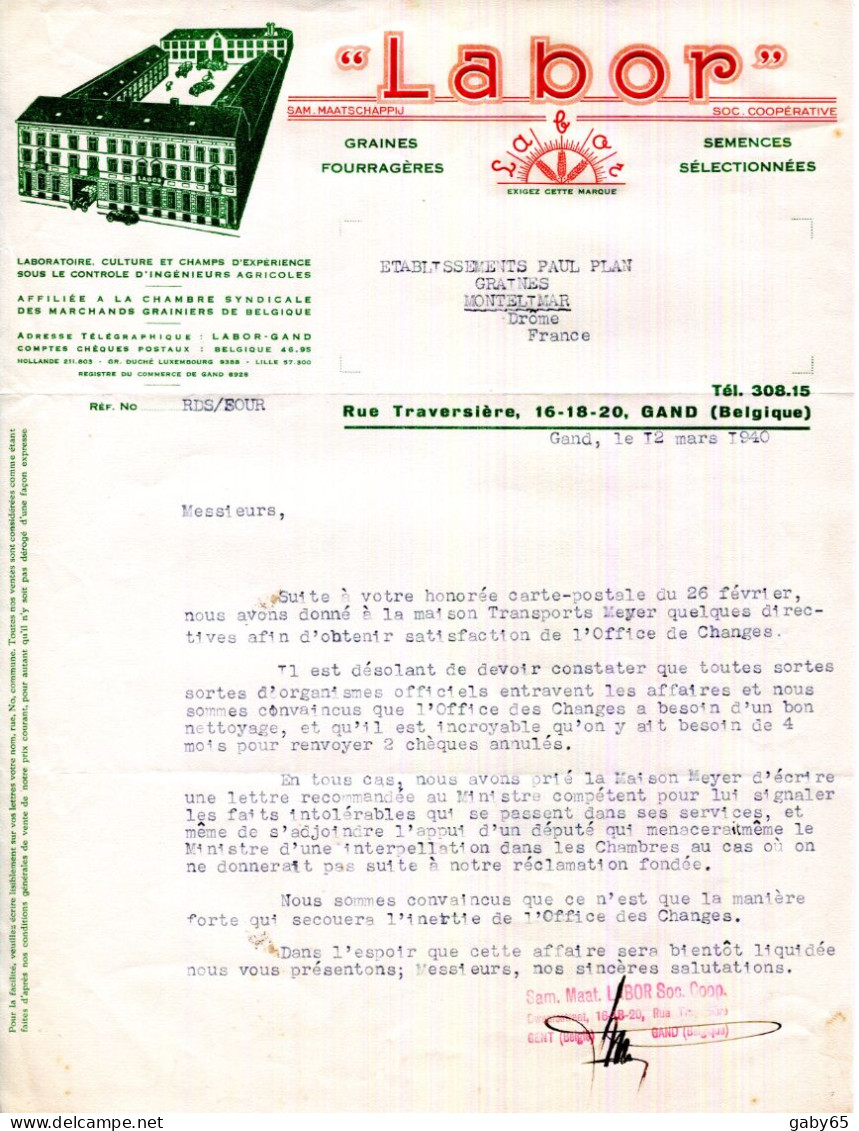 FACTURE.BELGIQUE.GAND.GRAINES FOURRAGÈRES.SEMENCES SELECTIONNÉES. " LABOR " 16-18-20 RUE TRAVERSIÈRE.2 PIÈCES. - Landwirtschaft