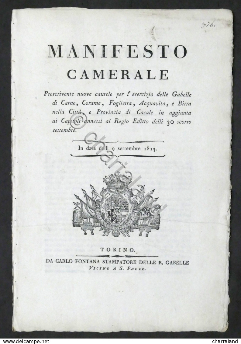 Regno Di Sardegna - Manifesto Camerale Gabelle Nella Città Di Casale - 1815 - Unclassified