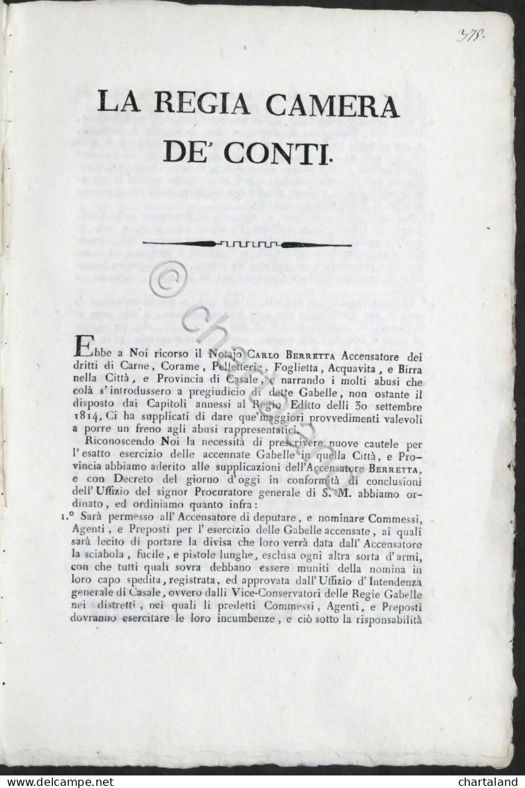 Regno Di Sardegna - Manifesto Camerale Gabelle Nella Città Di Casale - 1815 - Unclassified