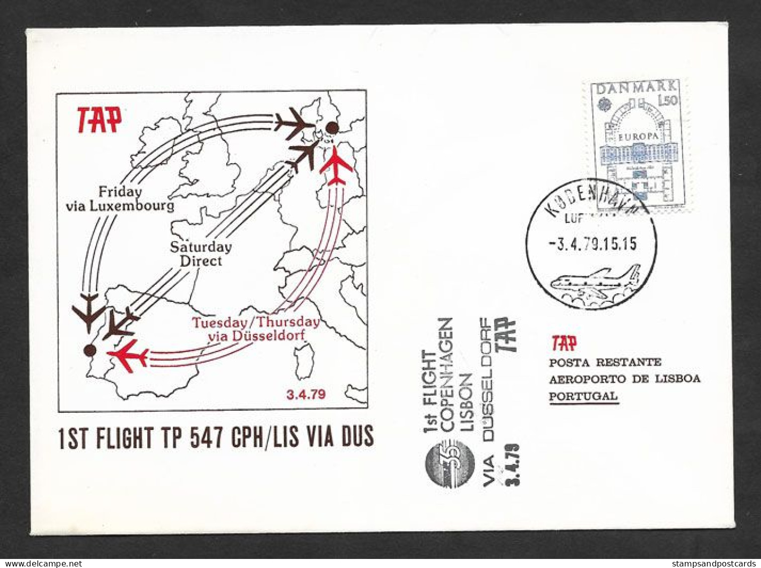 Portugal Premier Vol TAP Copenhagen Lisbonne Via Dusseldorf 1979 Copenhagen Lisbon First Flight - Lettres & Documents