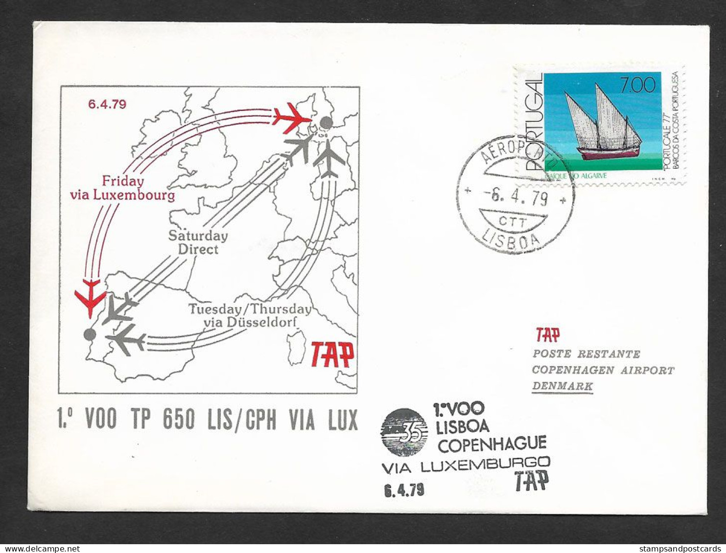 Portugal Premier Vol TAP Lisbonne Copenhagen Via Luxembourg 1979 Lisbon Copenhagen Flight - Lettres & Documents