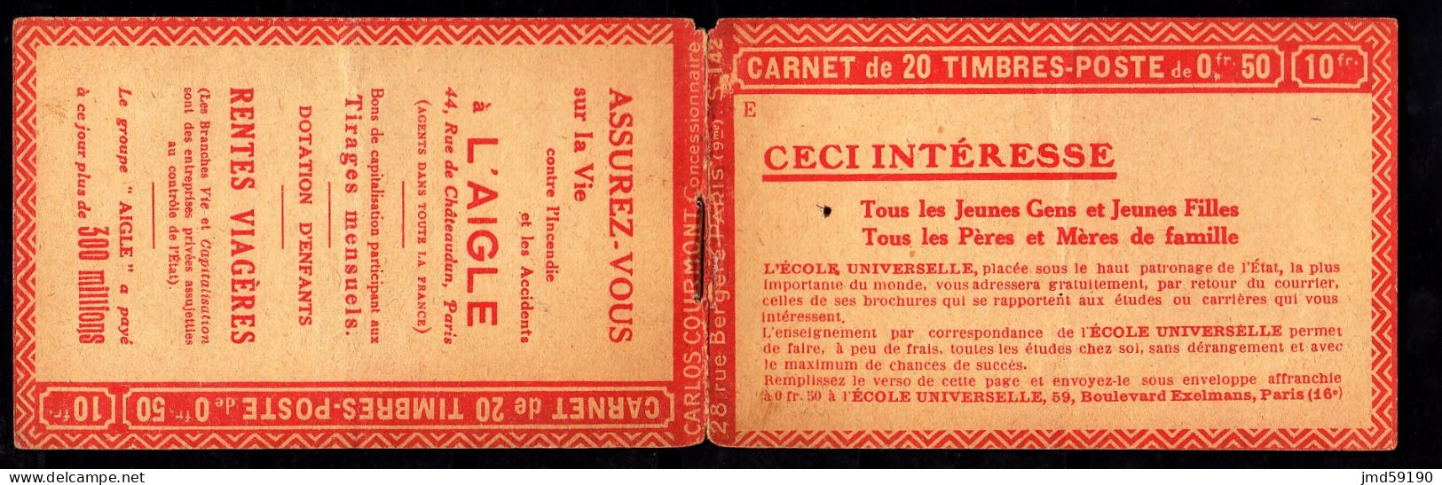 Couverture Seule Du Carnet Timbres 0,50fr Pub L'AIGLE Et CECI M'INTERESSE - Unused Stamps