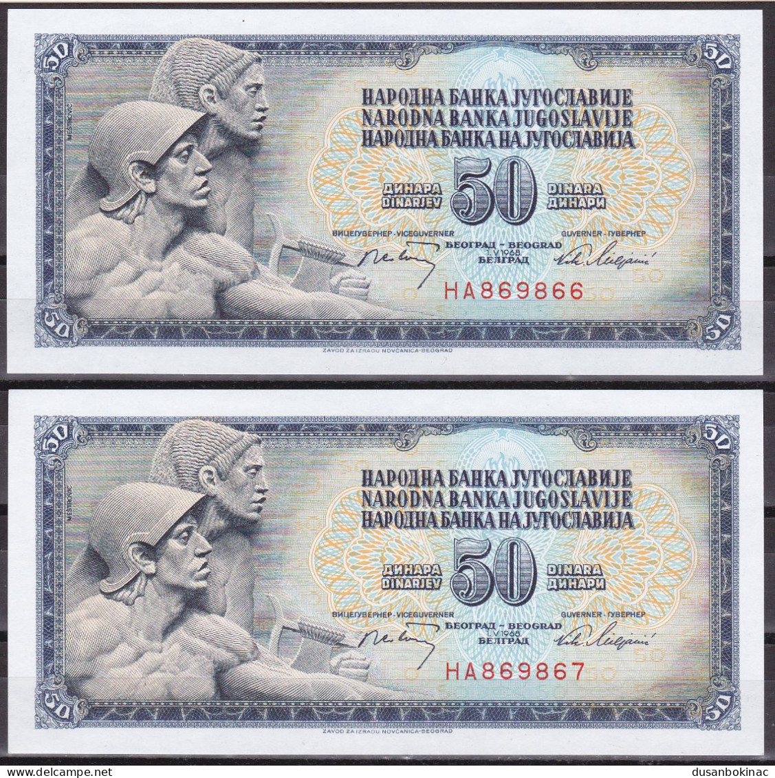 Yugoslavia-50 Dinara 1968 HA Series, 6 Serial HLECRCEGOVINA Error UNC X 2 - Yougoslavie