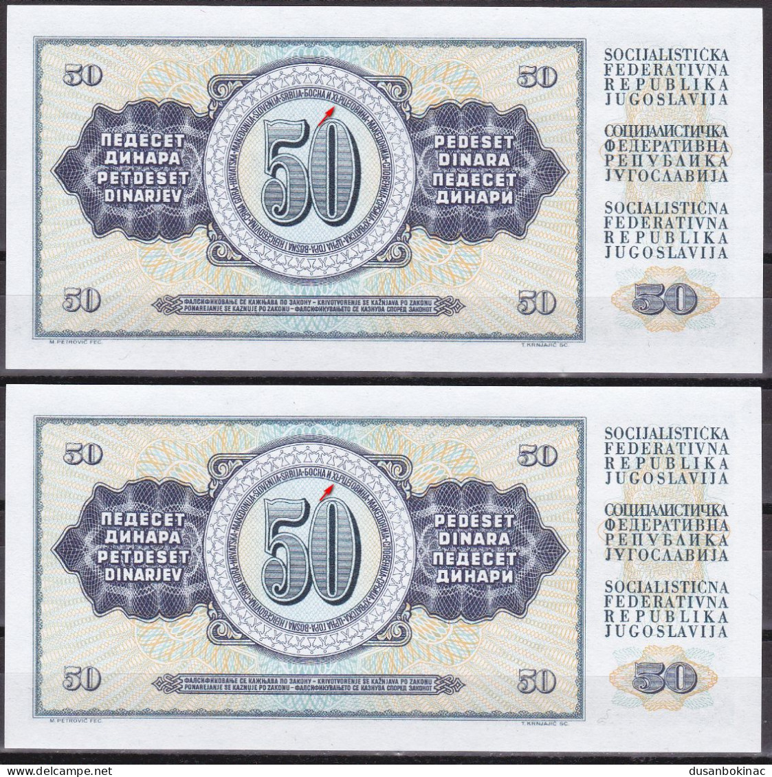 Yugoslavia-50 Dinara 1968 HA Series, 6 Serial HLECRCEGOVINA Error UNC X 2 - Yougoslavie