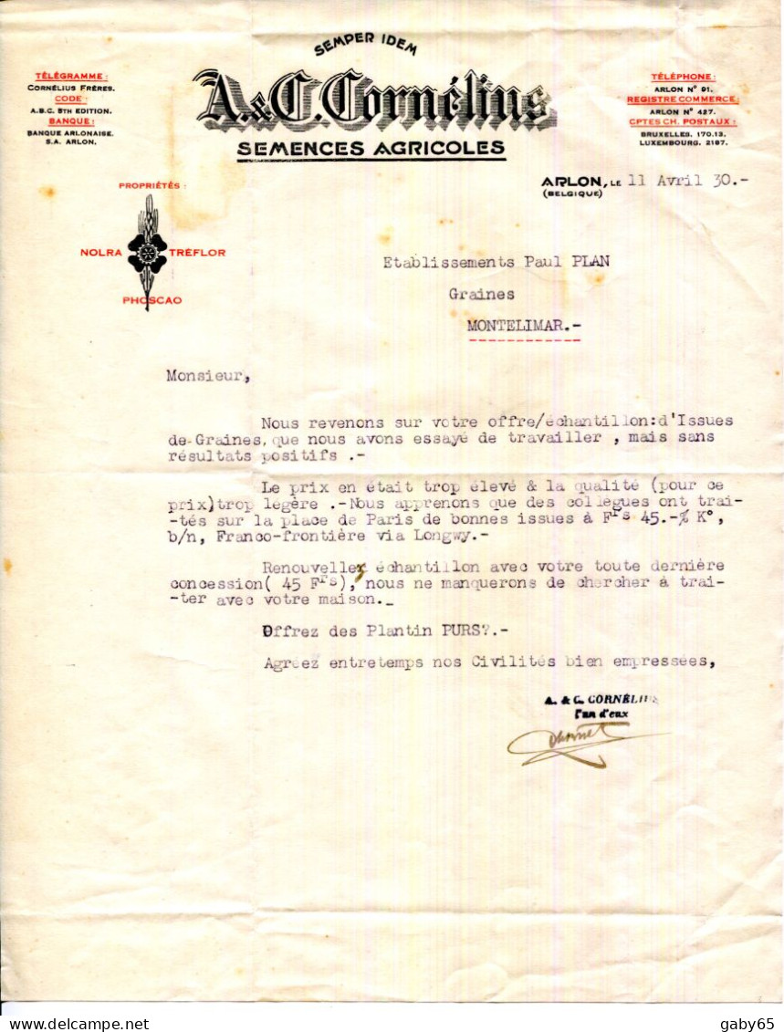 FACTURE.BELGIQUE.ARLON.GRAINS.GRAINES.SEMENCES AGRICOLES.A. & C.CORNELIUS 26 AVENUE J.B.NOTHOMB & 2 RUE FRANCK.2 PIÈCES. - Agriculture