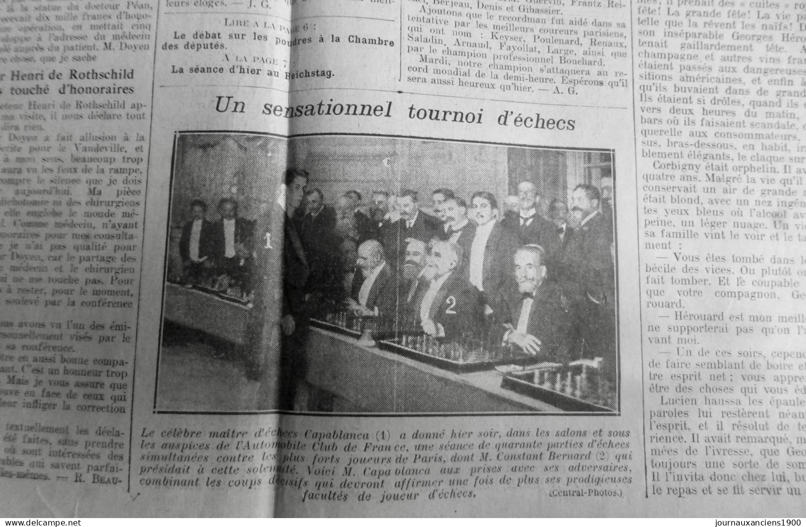 1911 EXCELSIOR ARTICLE DE PRESSE ECHEC JEU TOURNOI CAPABLANCA  1 JOURNAL ANCIEN - Glasdias