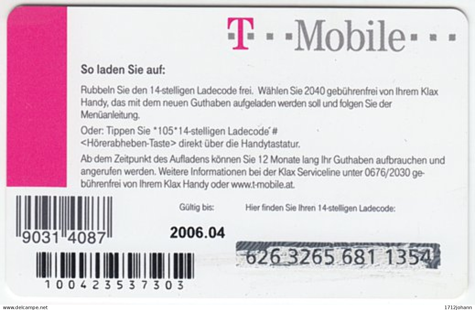AUSTRIA N-232 Recharge T-Mobile - Map, Europe - Used - Austria