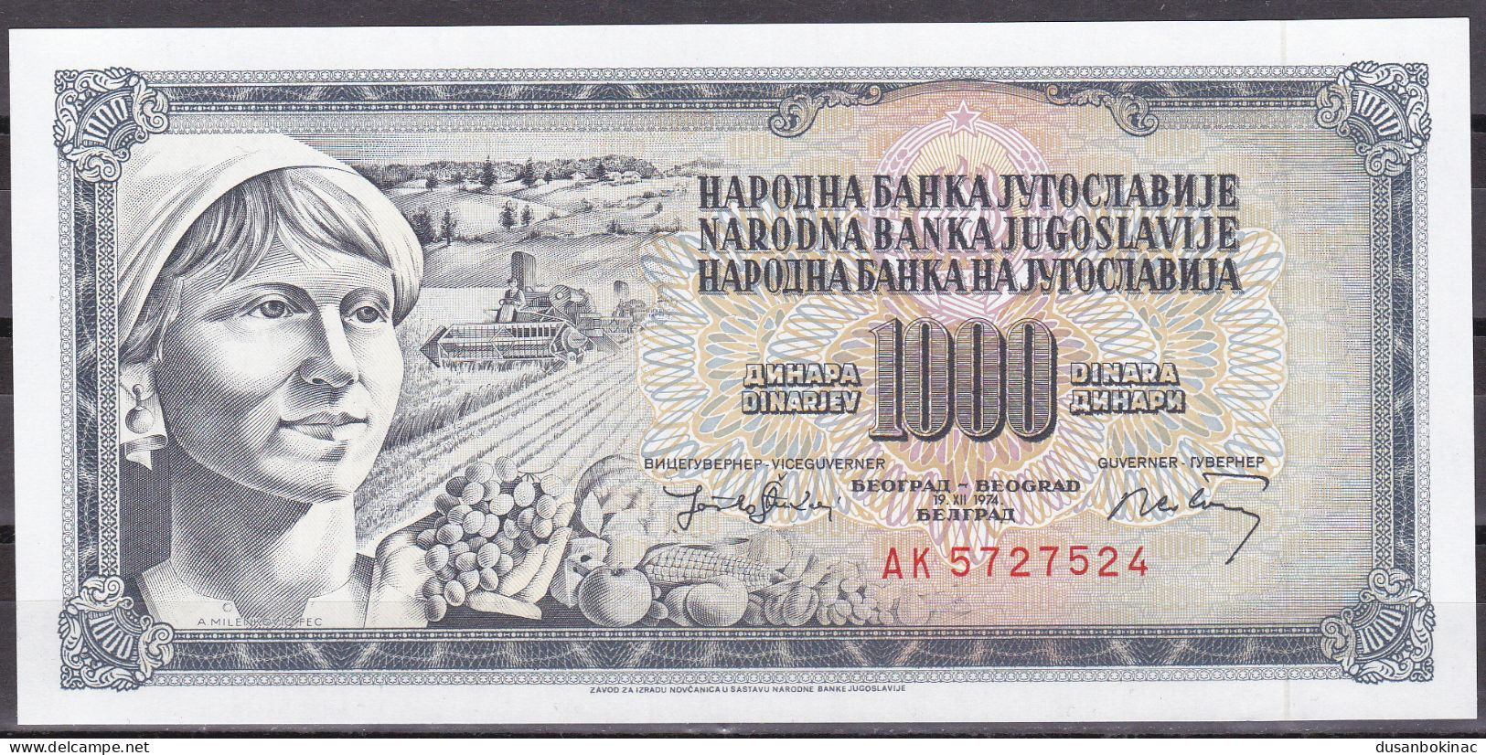 Yugoslavia-1000 Dinara 1974 UNC - Yougoslavie