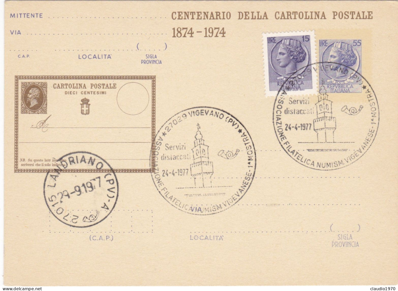 ITALIA  - REPUBBLICA - ANNULLO DI VIGEVANO (PV) -  CENTENARIO DELLA  CARTOLINA POSTALE -1874-974 - - Stamped Stationery