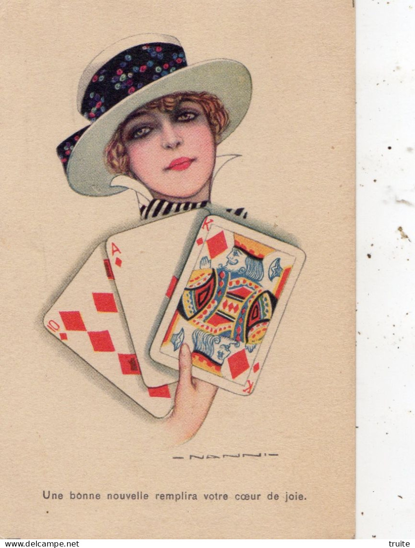 FEMME AU CHAPEAU ( JEUX DE CARTES ) " UNE BONNE NOUVELLE REMPLIRA VOTRE CEOUR DE JOIE " - Nanni