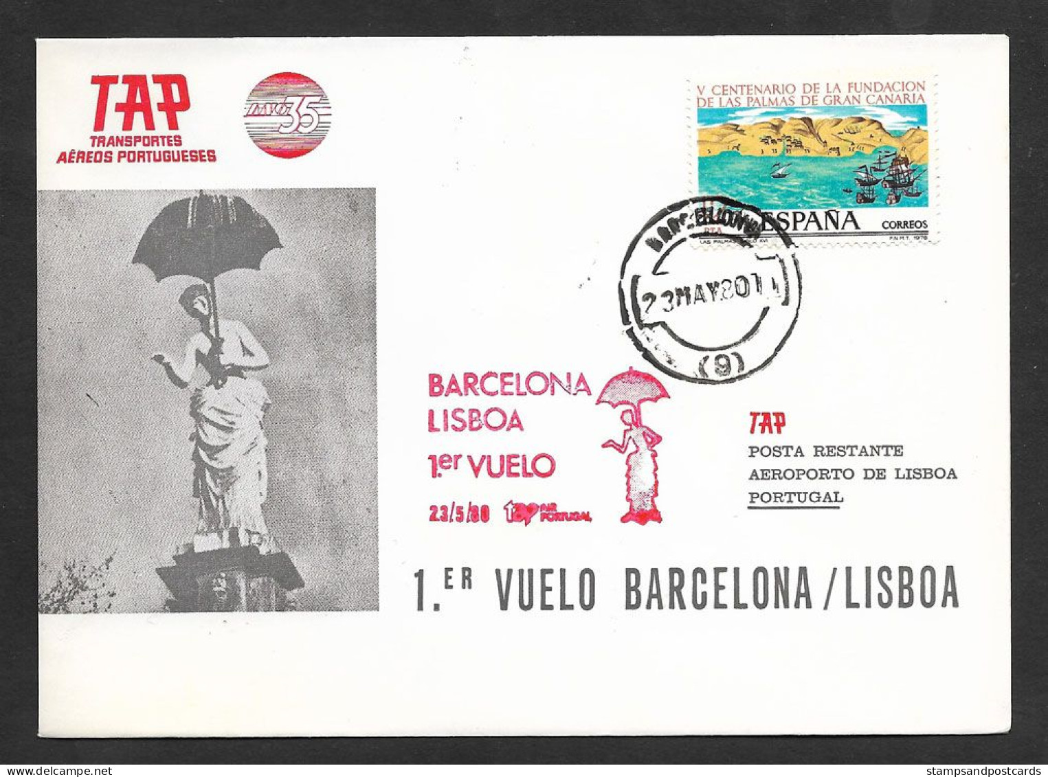 Espagne Portugal Premier Vol TAP Barcelone Lisbonne 1980 First Flight Barcelona Spain España Lisbon Lisboa - Cartas & Documentos