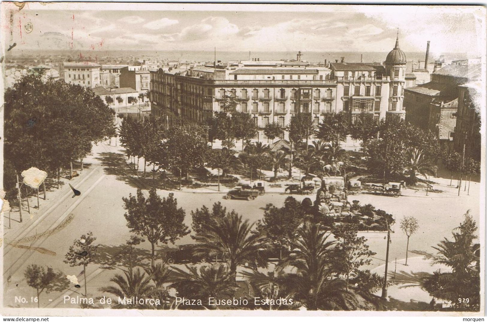 54532. Postal PALMA De MALLORCA (Baleares) 1929. Rodillo Clima Ideal. Vista De PALMA, Plaza Eusebio Esdadas - Storia Postale
