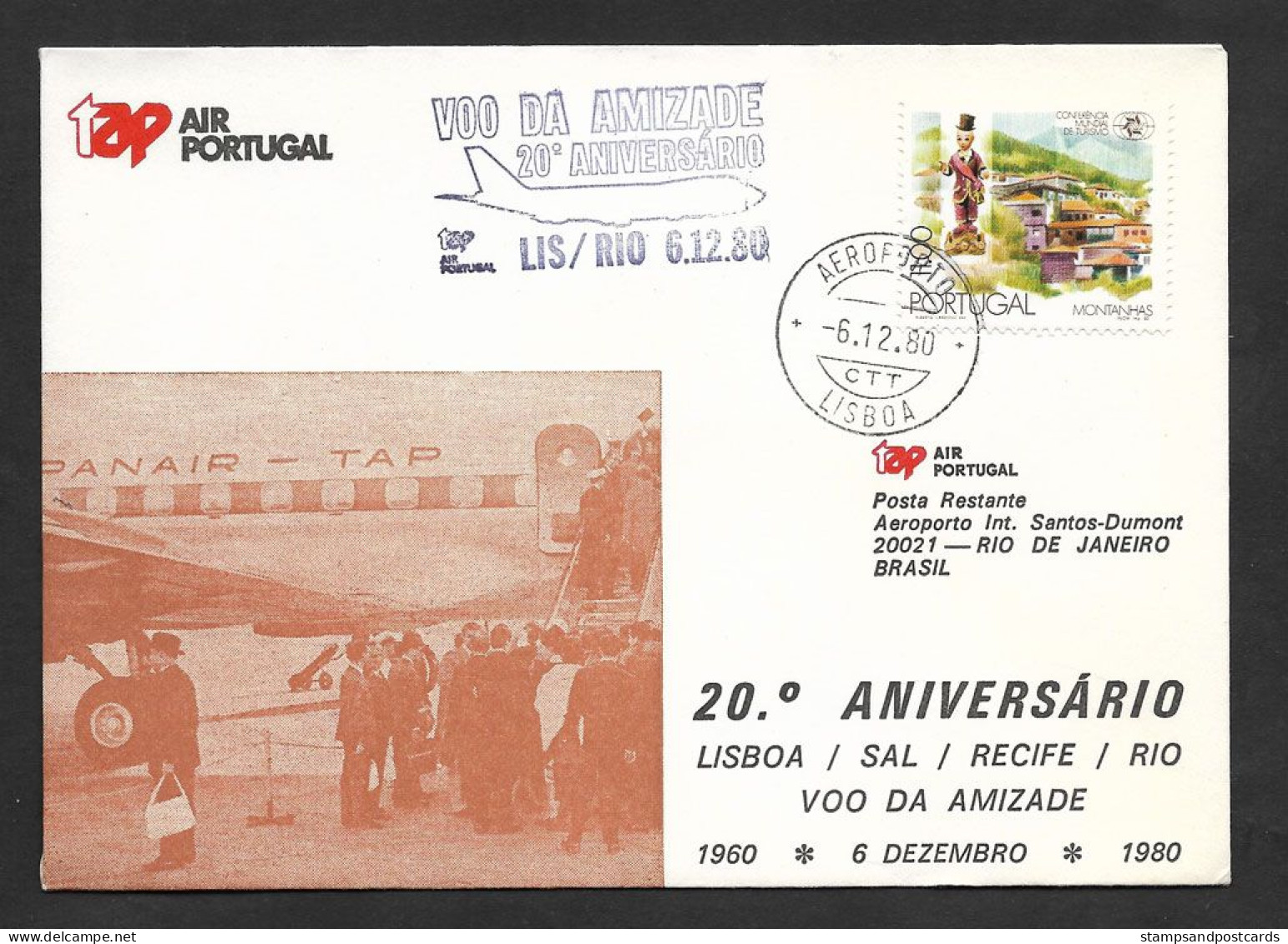 Portugal 20 Ans Premier Vol TAP Lisbonne Sal Recife Rio Brèsil Brasil 1980 Lisbon Rio Brazil 20 Years Flight - Storia Postale