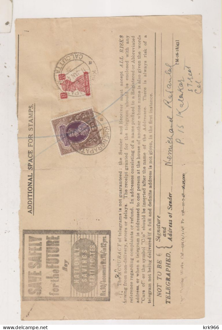 INDIA, 1949 Nice Postal Document Telegram CALCUTTA - Storia Postale