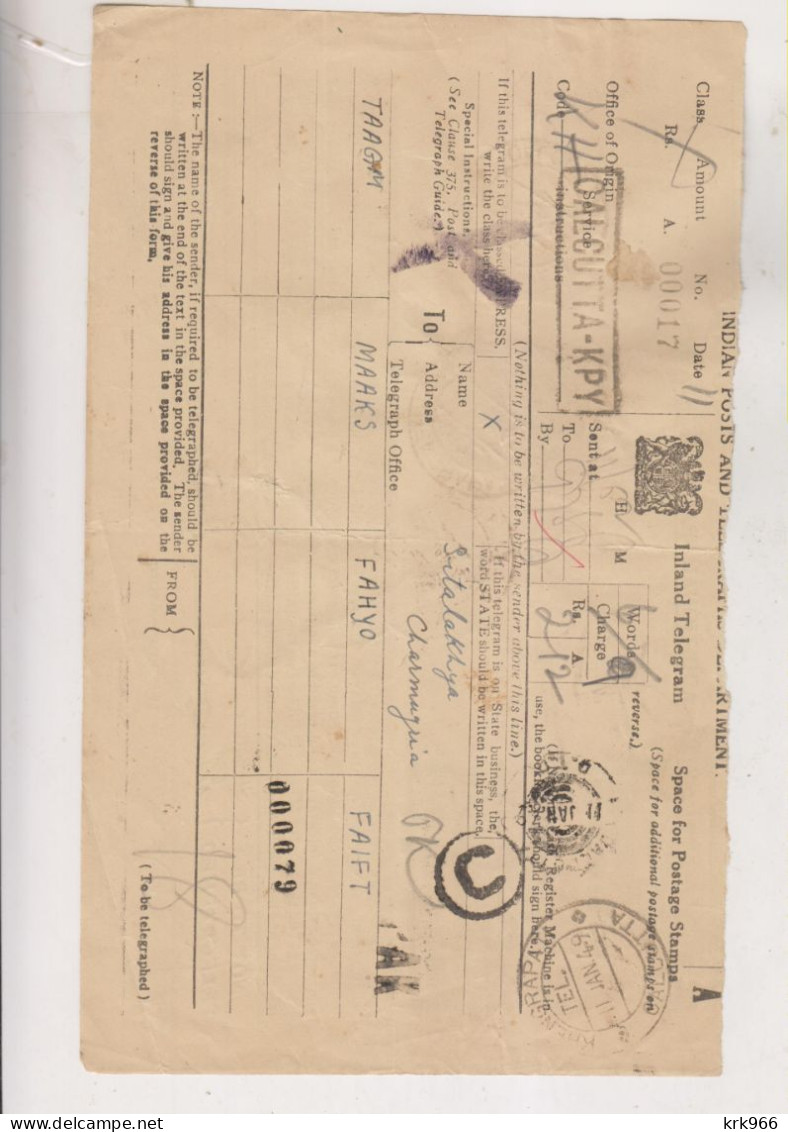 INDIA, 1949 Nice Postal Document Telegram CALCUTTA - Storia Postale