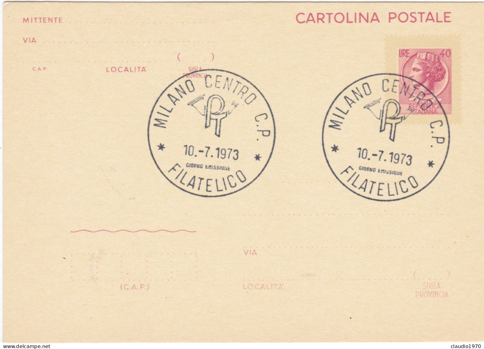 ITALIA  - REPUBBLICA - ANNULLO DI MILANO - CARTOLINA POSTALE - 1973 - Stamped Stationery