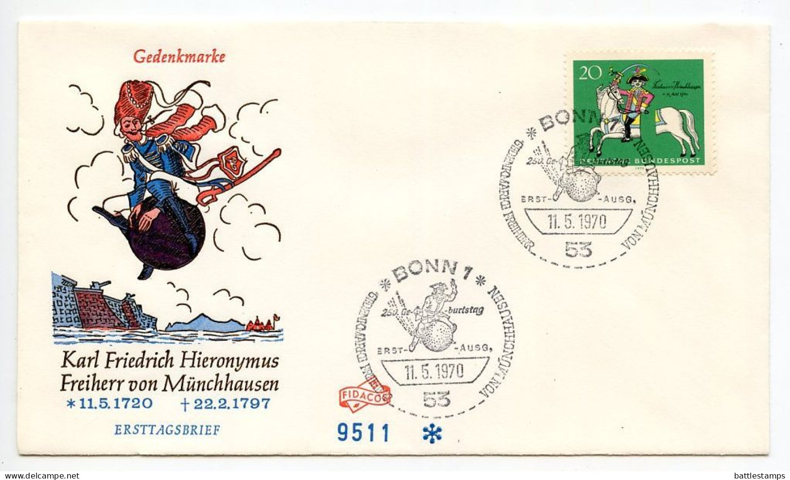 Germany, West 1970 FDC Scott 1020 Count Karl Friedrich Hieronymus Freiherr Von Münchhausen - 1961-1970