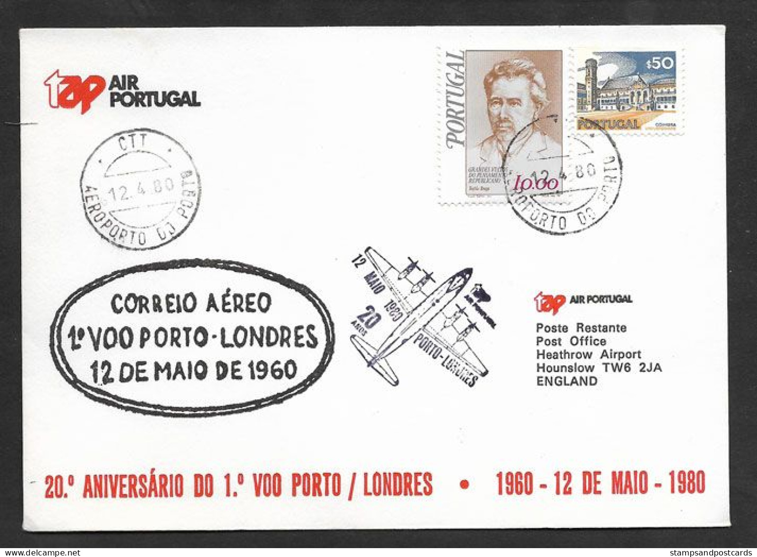 Portugal 20 Ans Premier Vol TAP Lisbonne Londres Royaume Uni 1980 Lisbon Londres United Kingdom 20 Years First Flight - Lettres & Documents